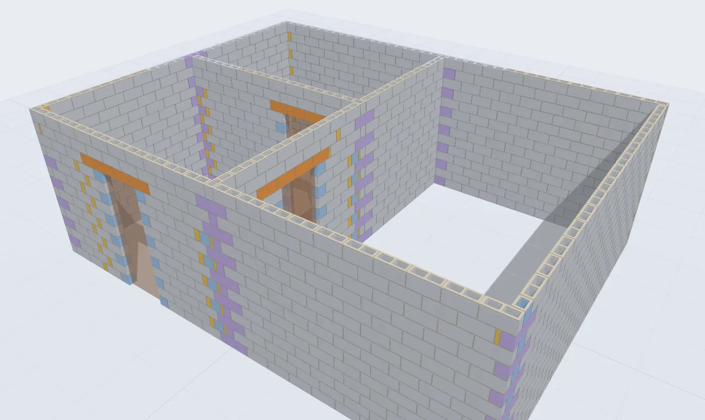 A casa em 3D bloco a bloco: blocos de amarração em roxo nos encontros, meios-blocos em azul, compensadores em amarelo e vergas em laranja sobre as portas