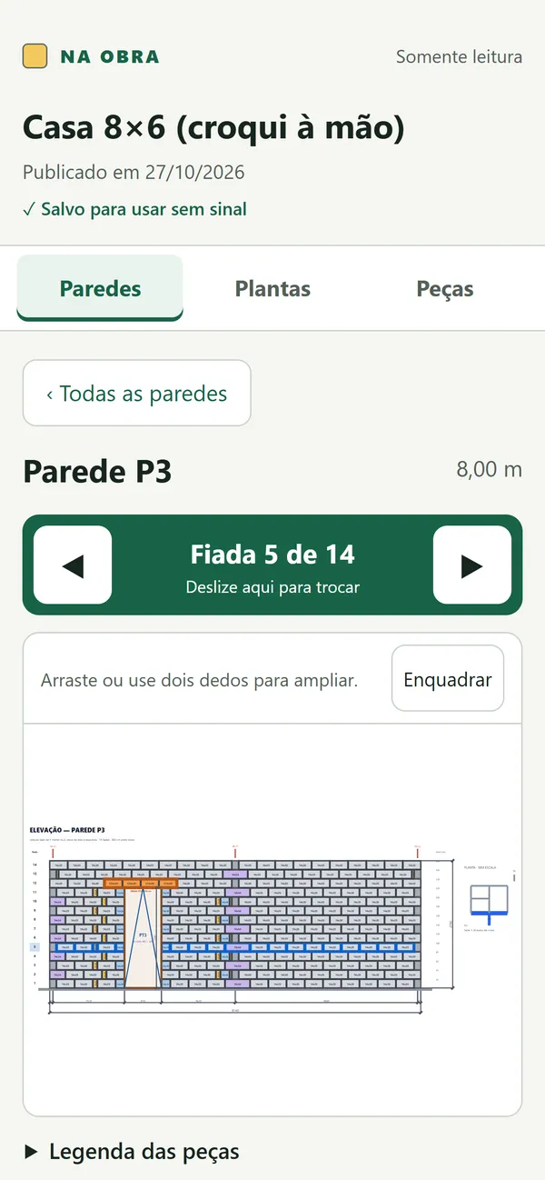 Link da obra no celular: parede P3, fiada 5 de 14, com a elevação e botões para passar de fiada